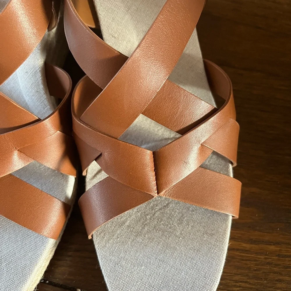 Women's Tan Leather Wedge Sandals - Classic Strappy Espadrille
